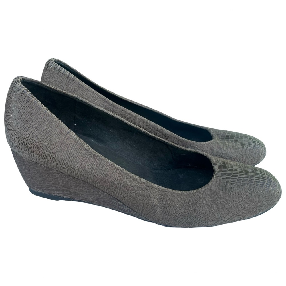 Stuart Weitzman Women Shoes Brown 9.5 Wedges Lizard Embossed Leather SlipOn Pump